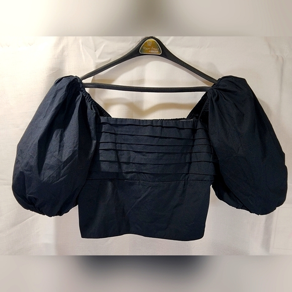 Abercrombie & Fitch Square Neck Ruched Puff Sleeve Top Black Beauty LG NWT - Picture 2 of 6